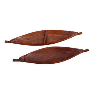 Set Of Two Vintage Teak Canoe Trays, African Hand Carved Hardwood Dishes