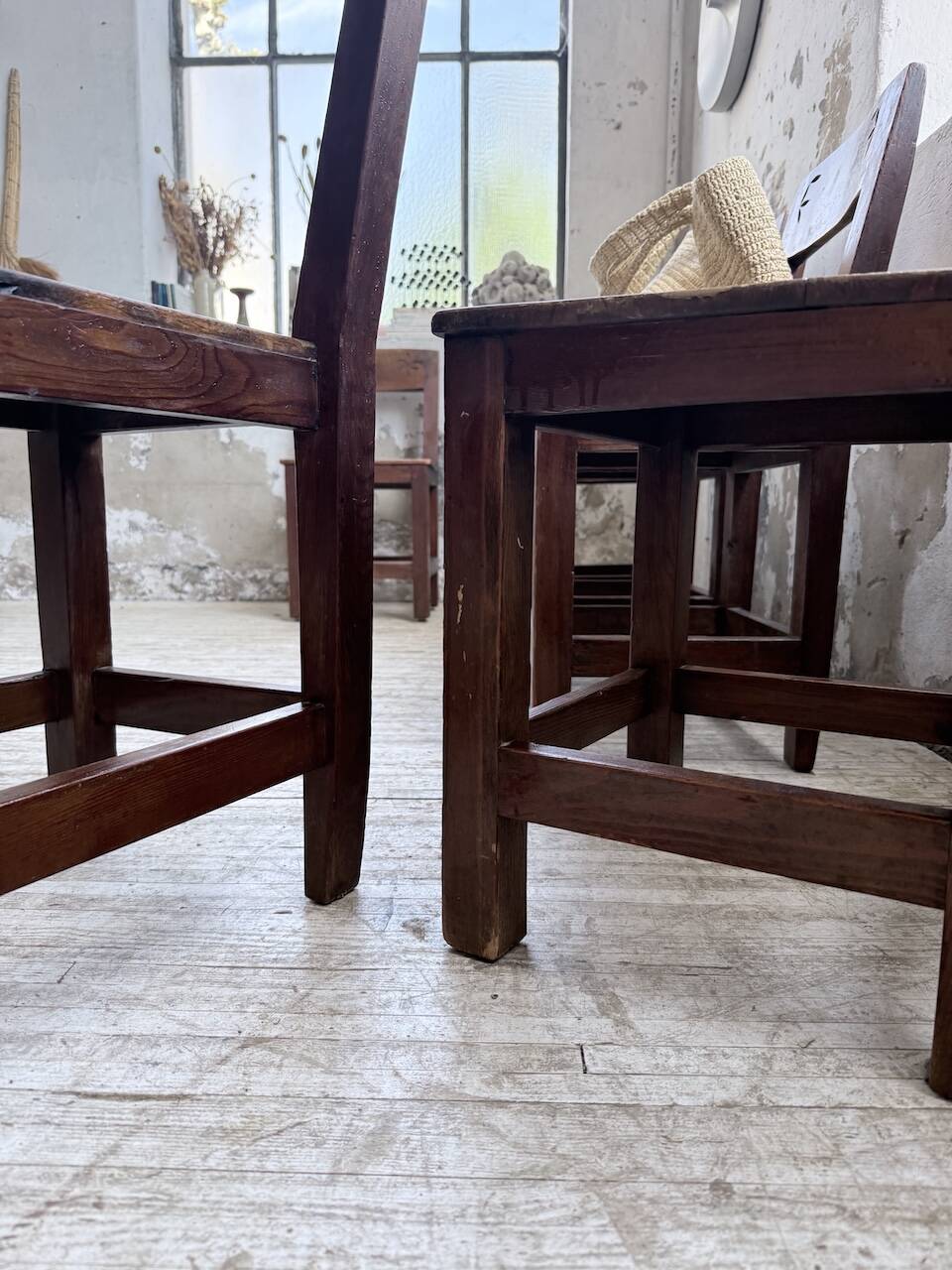 Set of 4 Savoyard pine folk art chairs from the 1950s.