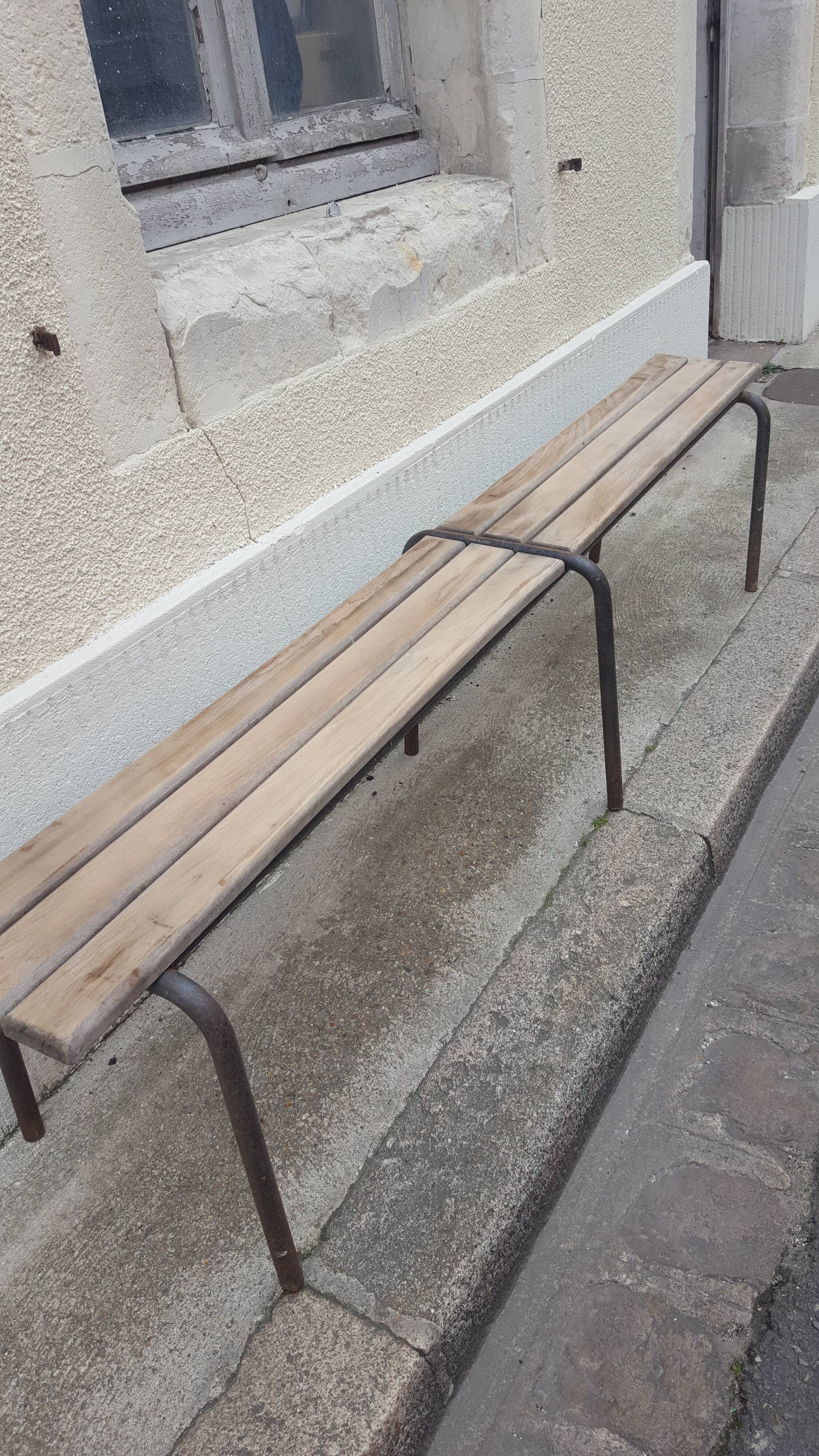 Wooden and vintage metal school bench