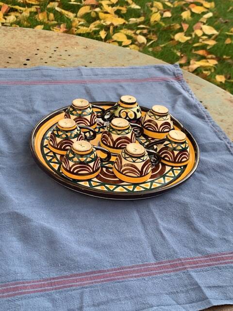 Tray, plate and 8 liqueur cups in ceramic from St Jean de Bretagne vintage 1950/60