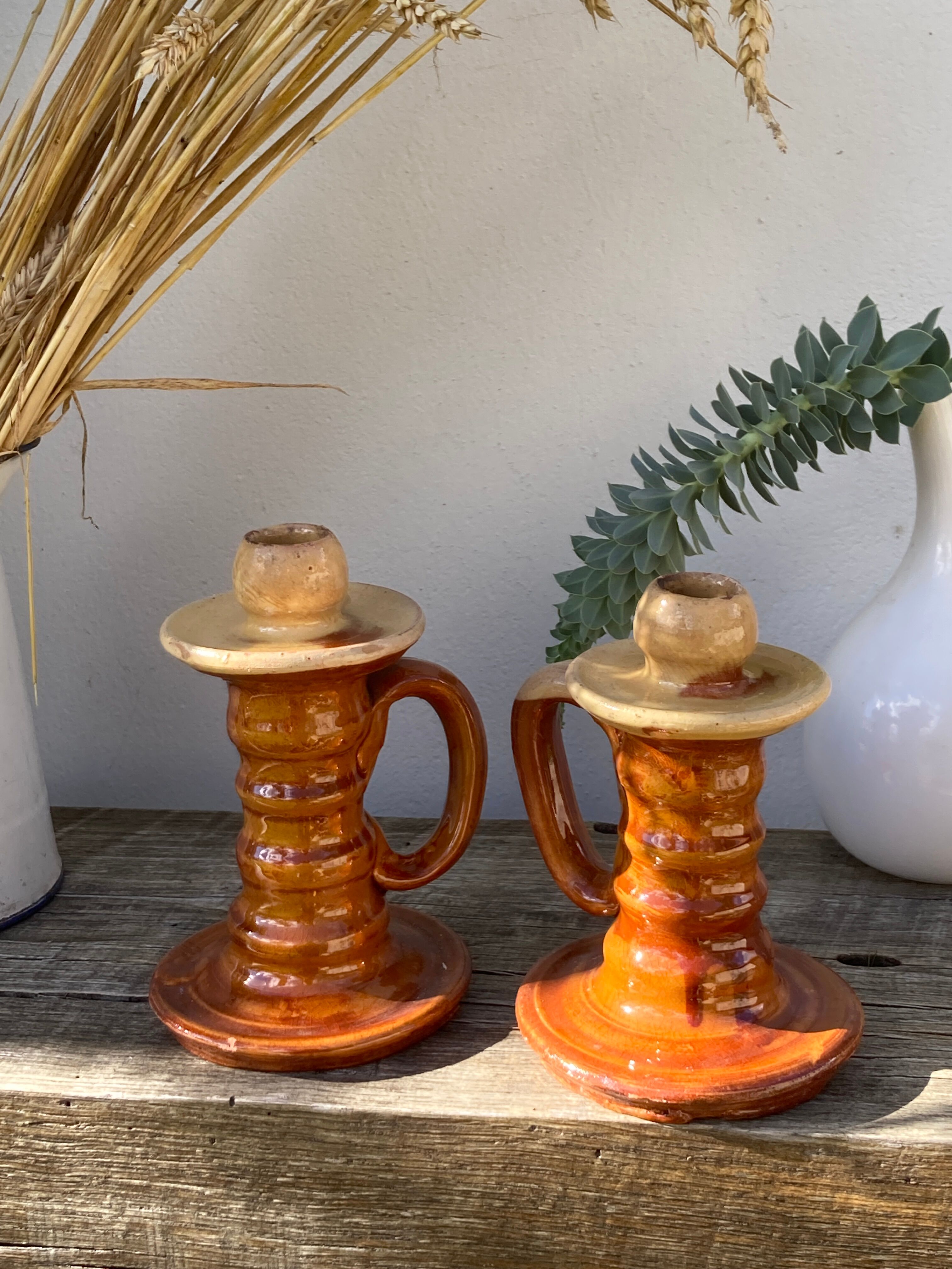 Pair of candle holder Tamegroute old terracotta enamelled brown and beige Moroccan berber