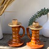 Pair of candle holder Tamegroute old terracotta enamelled brown and beige Moroccan berber