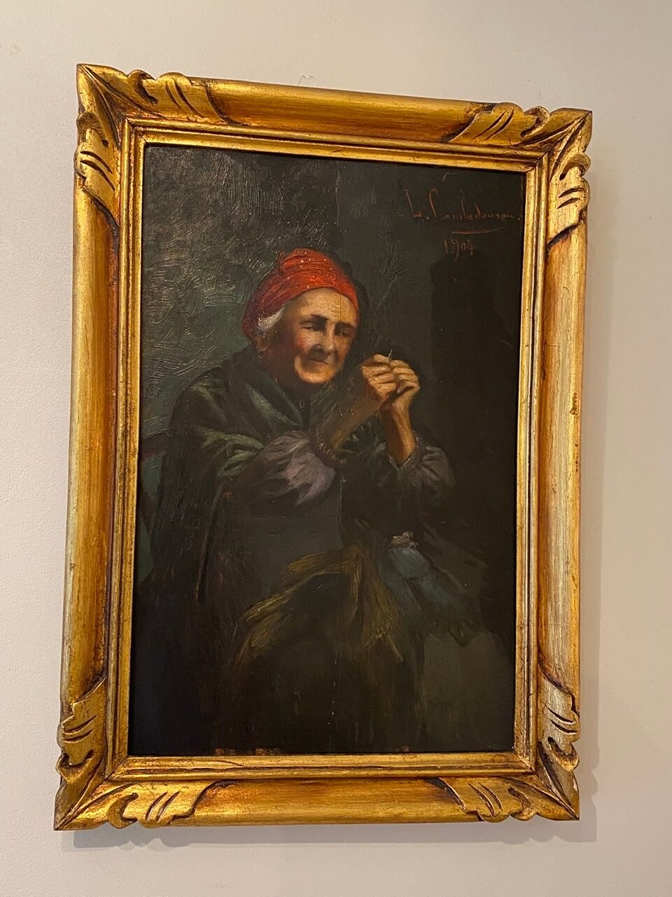 Old painting, the seamstress, signed L Cambedouzou and dated 1904