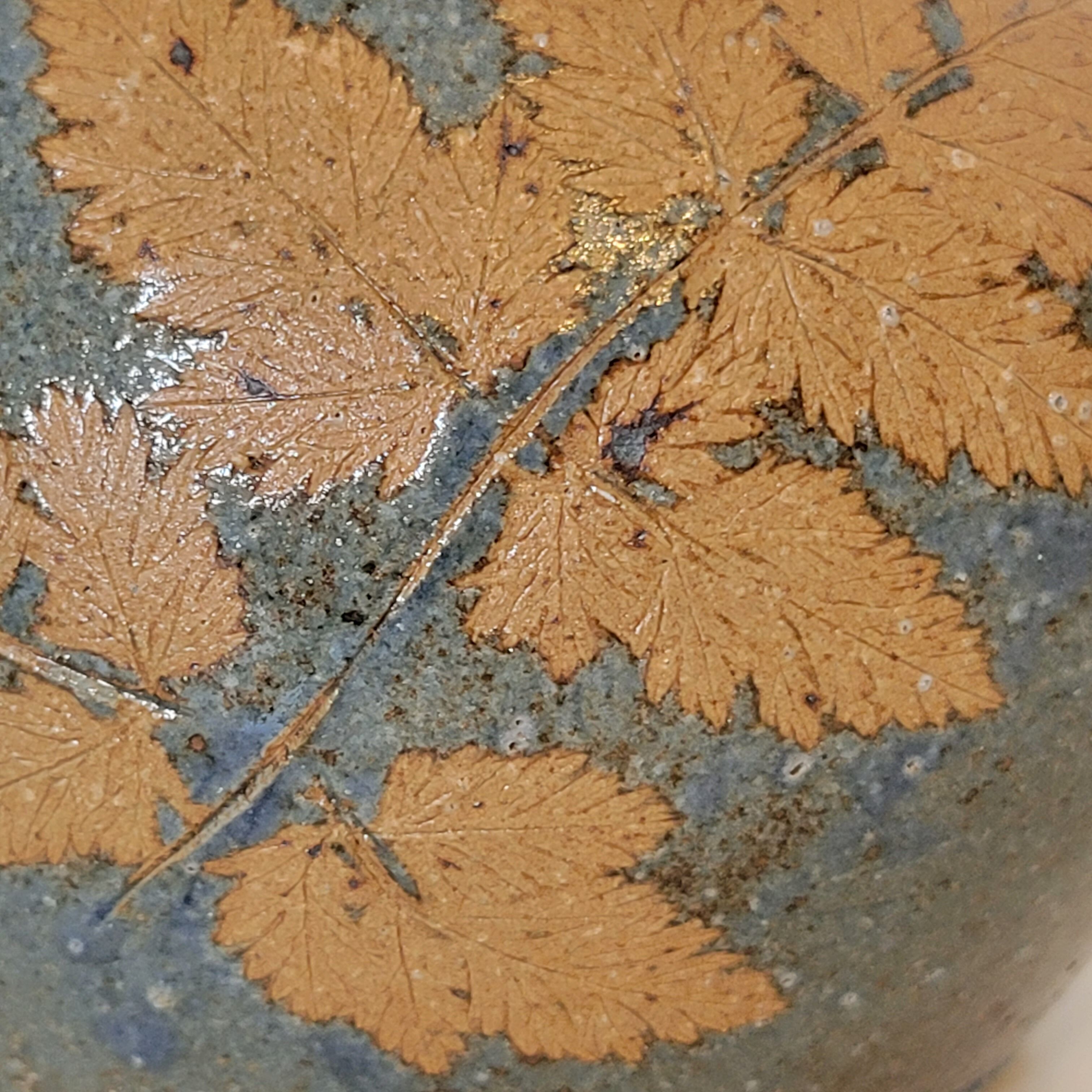 Sandstone vase decorated with oak leaf, ceramic by Alain Blanchard