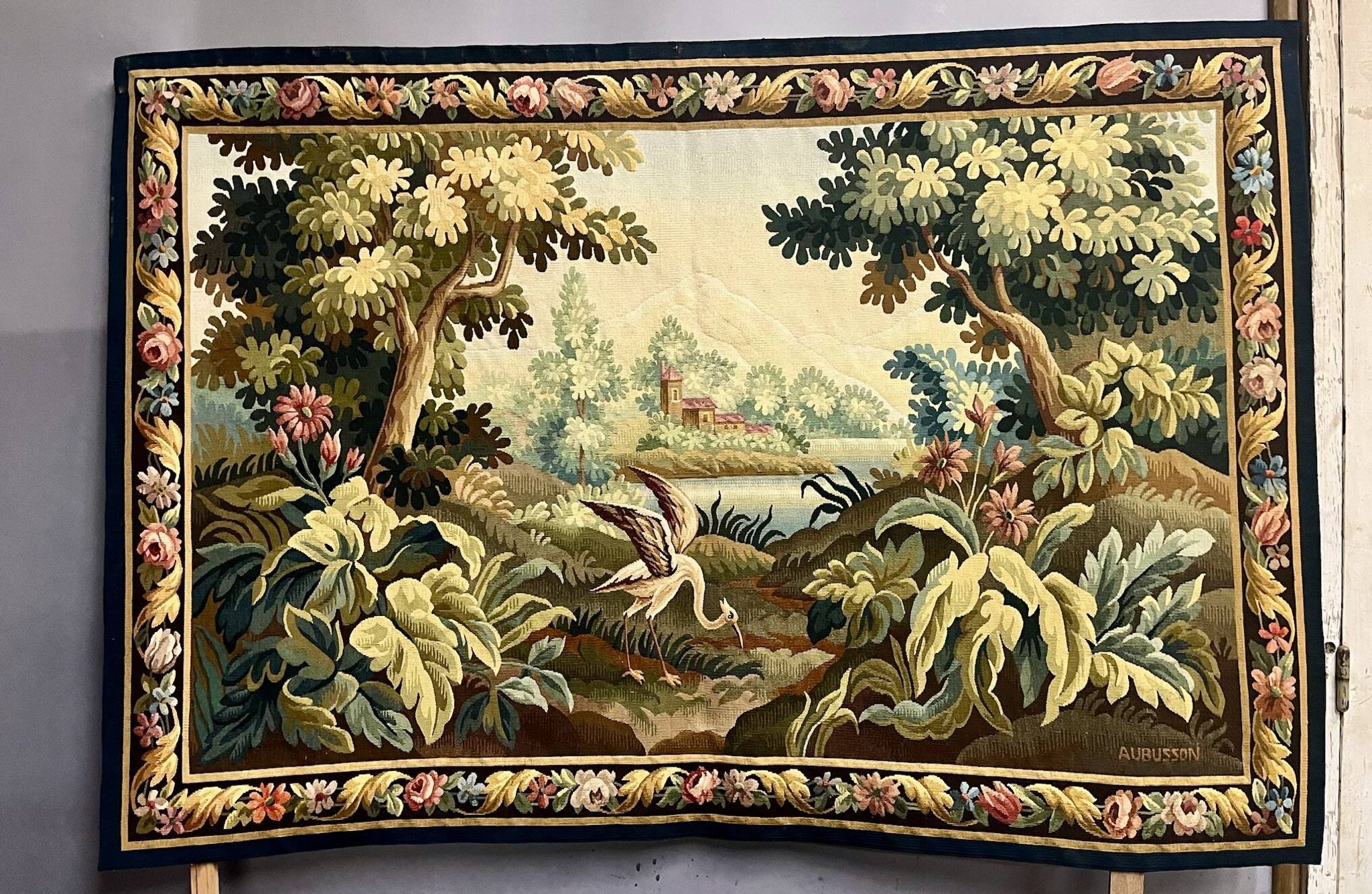 AUBUSSON tapestry, 20th century, "Verdure Oiseau" (Greenery with Bird)