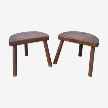Duo of tripod stools in solid wood