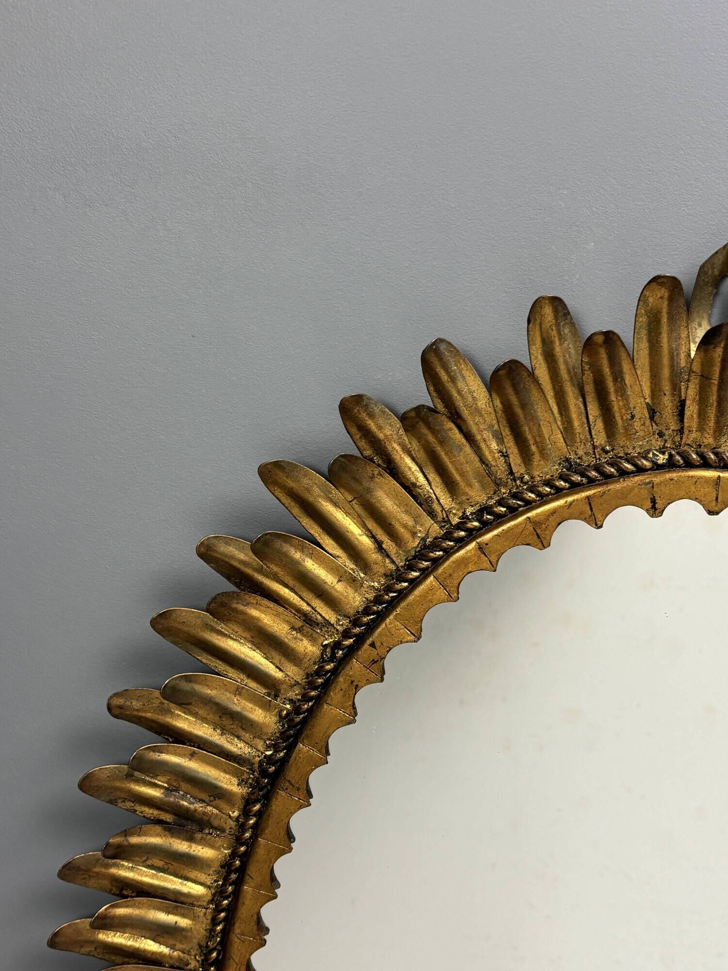 Midcentury bohemian Hollywood Regency Spanish gilt metal sun mirror, 1960s