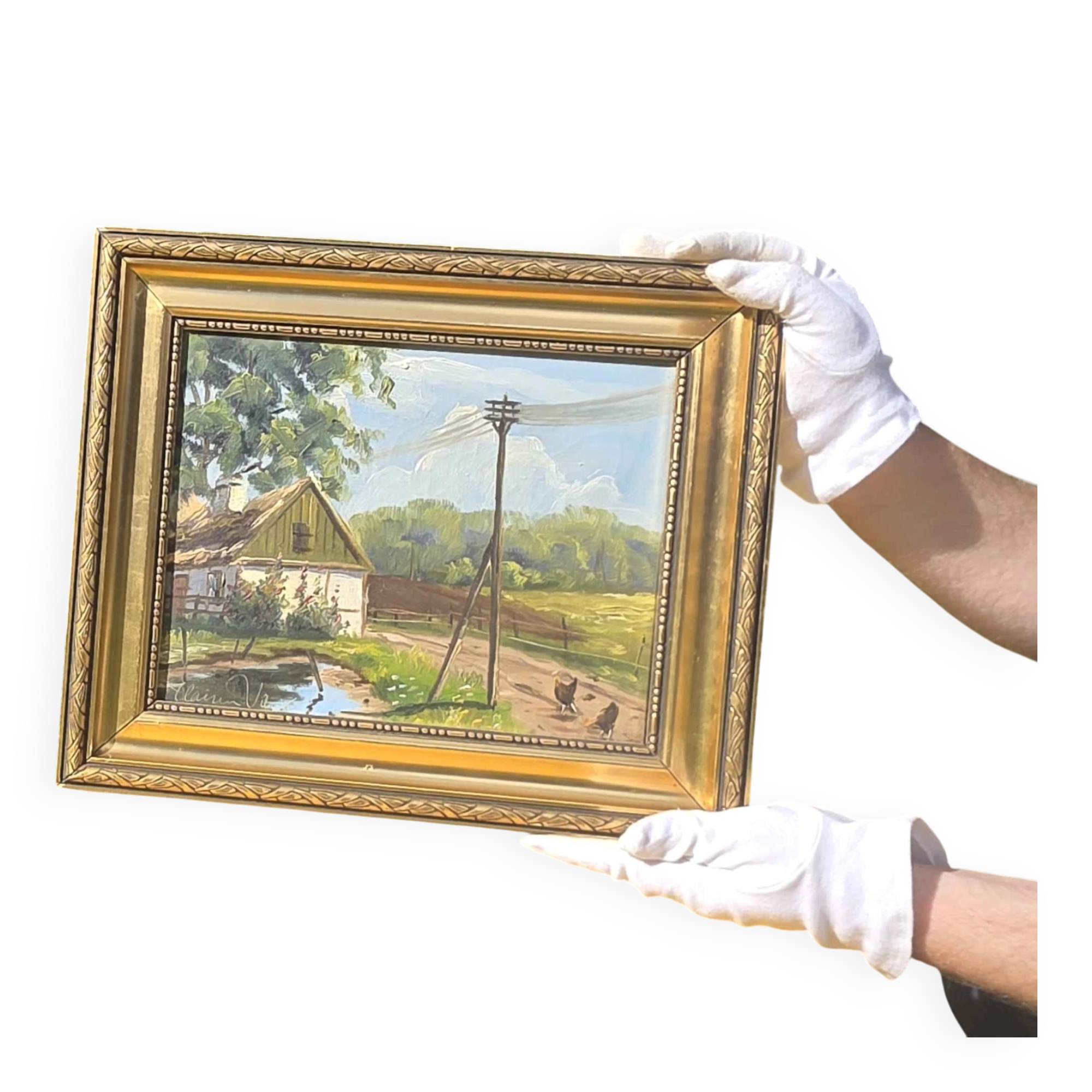 Vintage Farmhouse Landscape Oil Painting