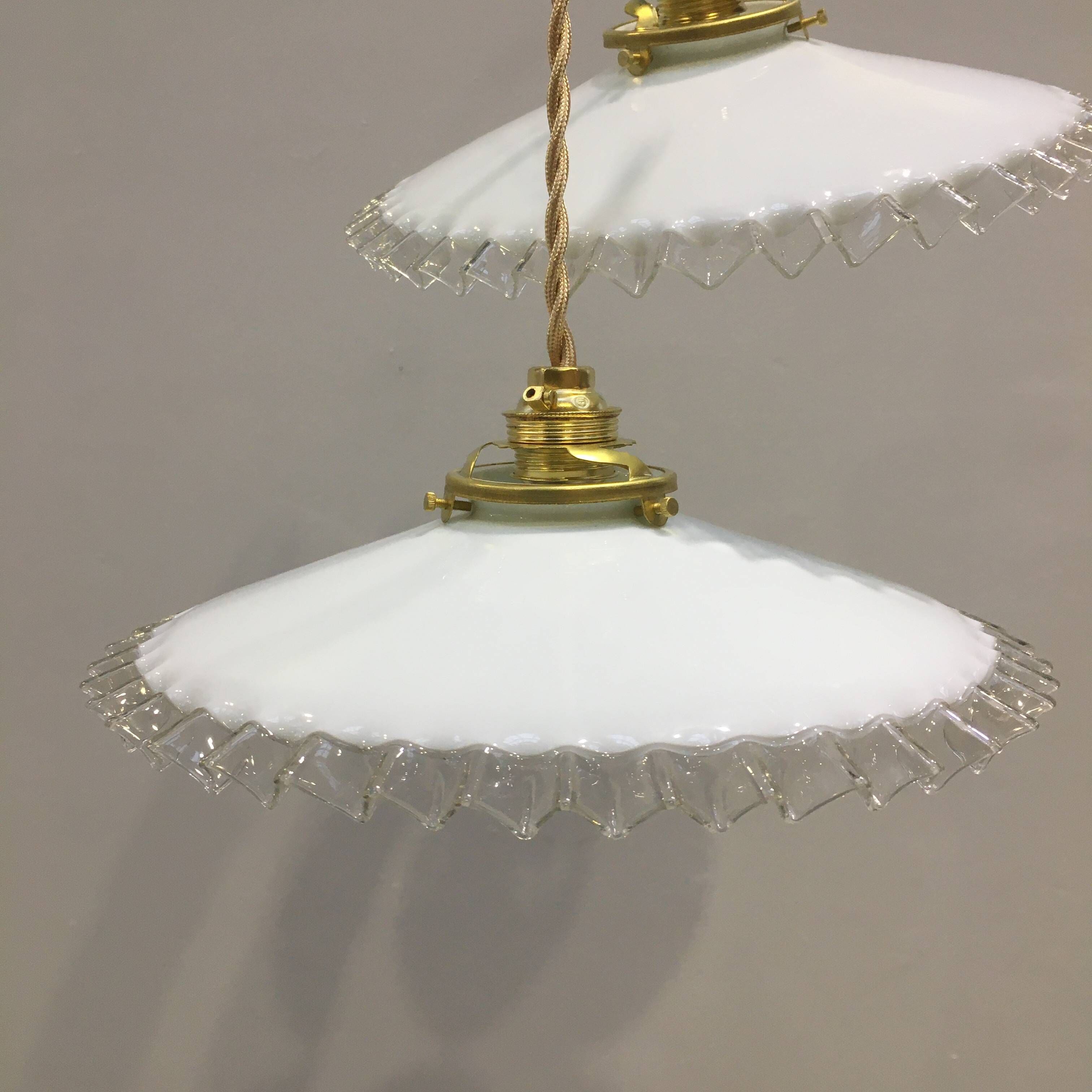 Pair of vintage pendant lights in white opaline and transparent serrated edges