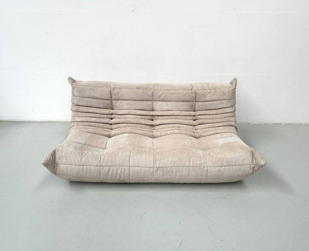 French Togo 3-seater sofa in beige corduroy attributed to Michel Ducaroy for Ligne Roset, 1970s