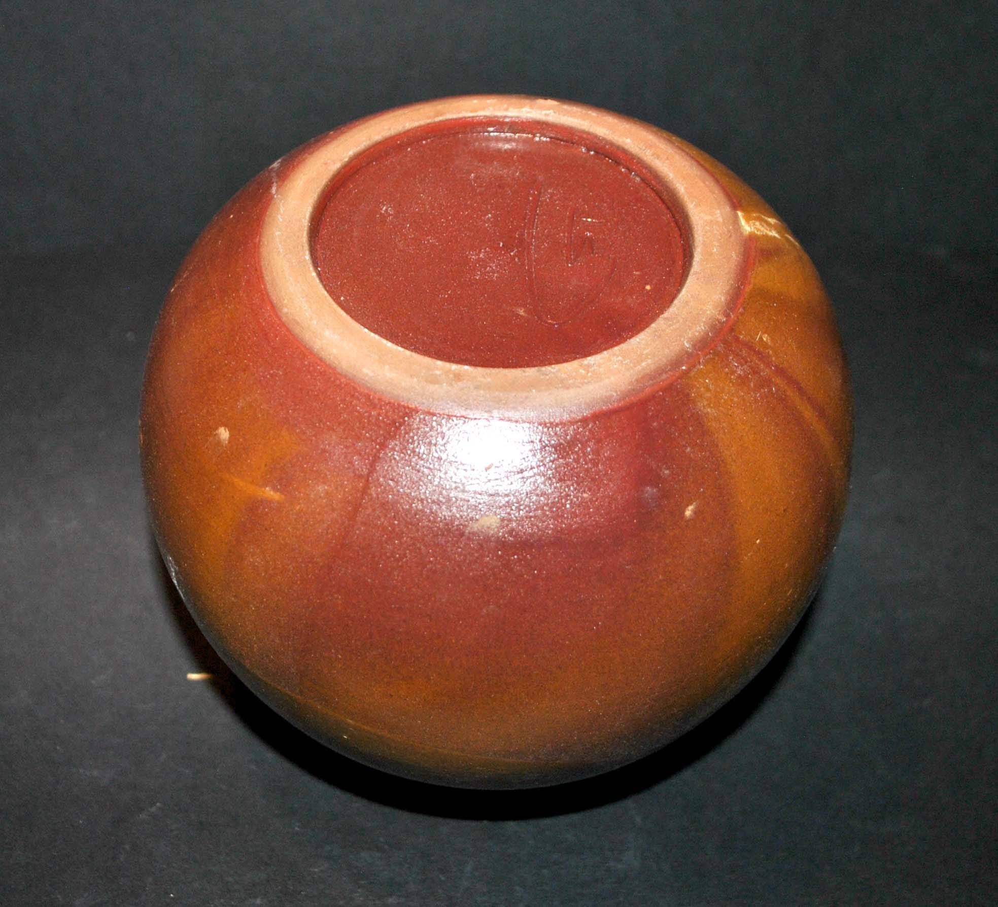 Vintage ball vase in flamed stoneware 1960 - caramel color with blue flow - signed DS