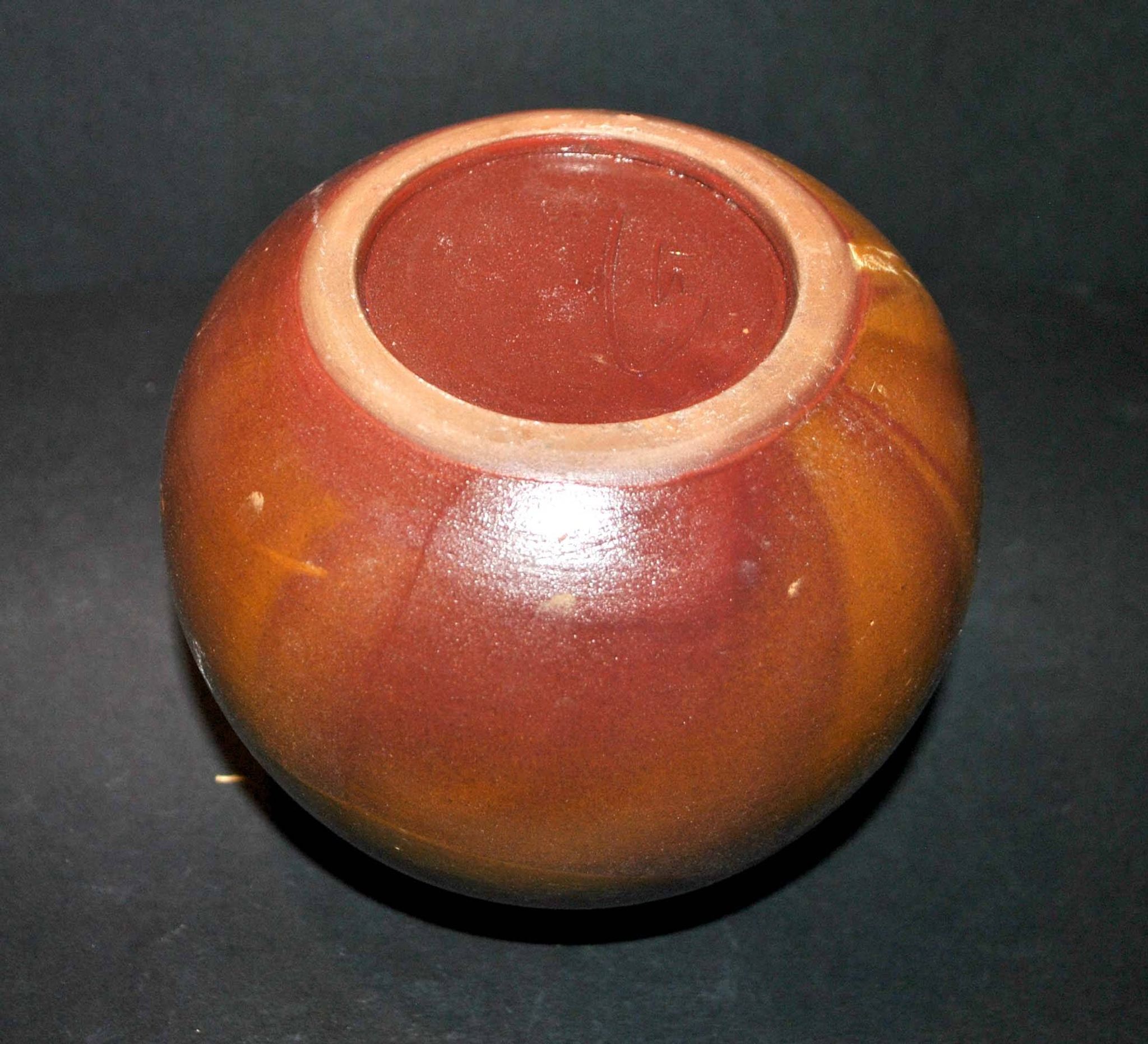 Vintage ball vase in flamed stoneware 1960 - caramel color with blue flow - signed DS
