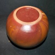 Vintage ball vase in flamed stoneware 1960 - caramel color with blue flow - signed DS