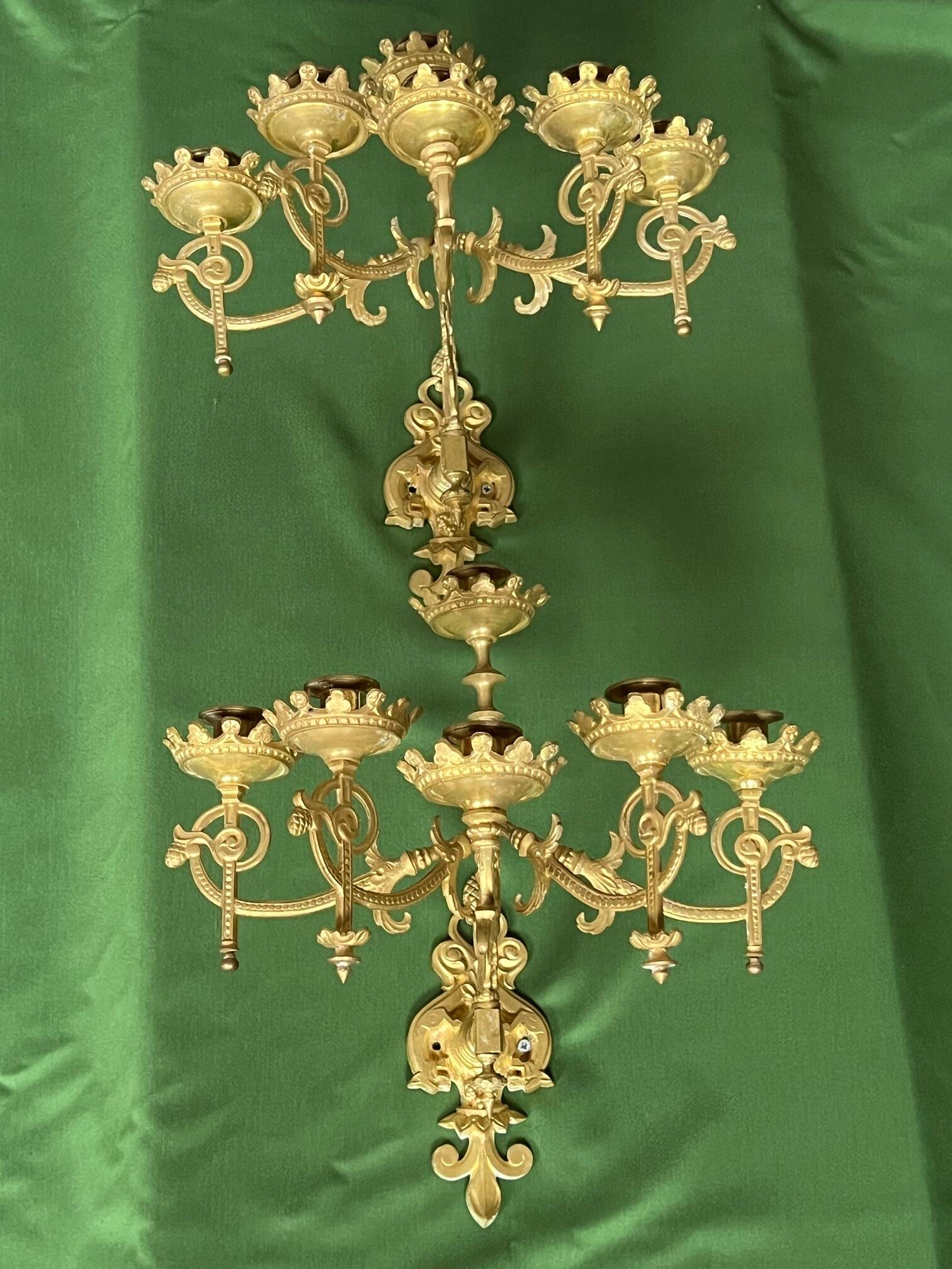 Pair of neo-Gothic wall sconces. Solid gilt bronze.