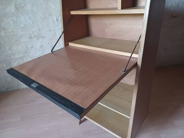 Vintage 1960s secretary with slanted design, light wood, compass legs