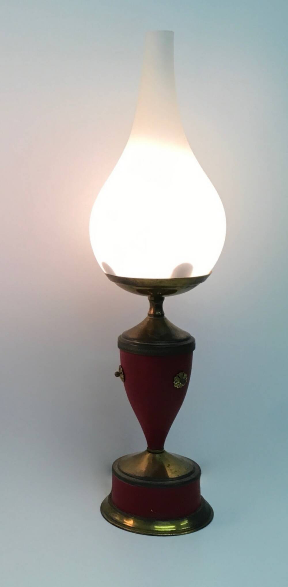 Pair of Red Varnished Metal, Brass and Glass Table Lamps, Italy