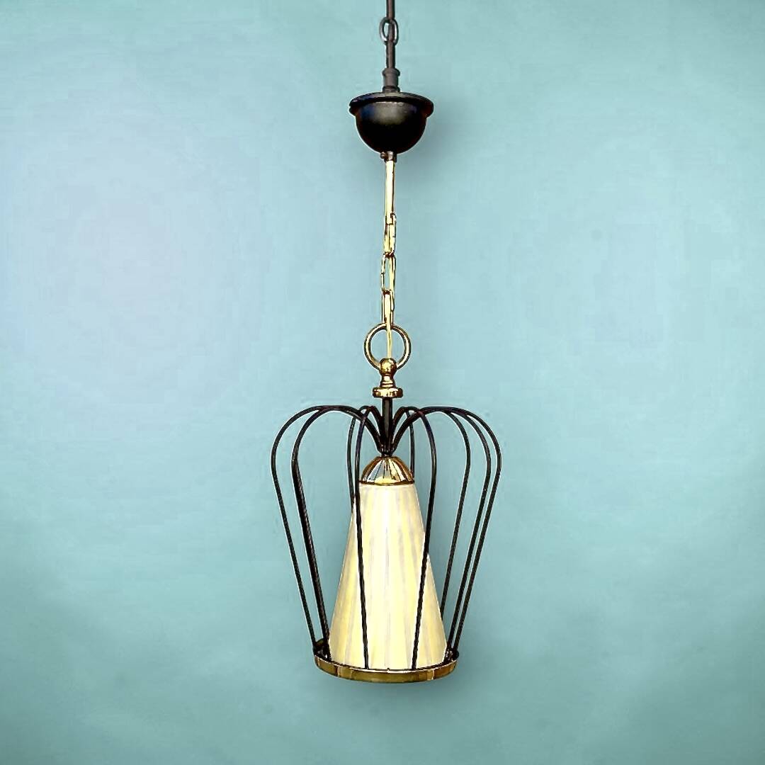 Brass suspension, black metal and striped glass attributed to Massive, 1950s.