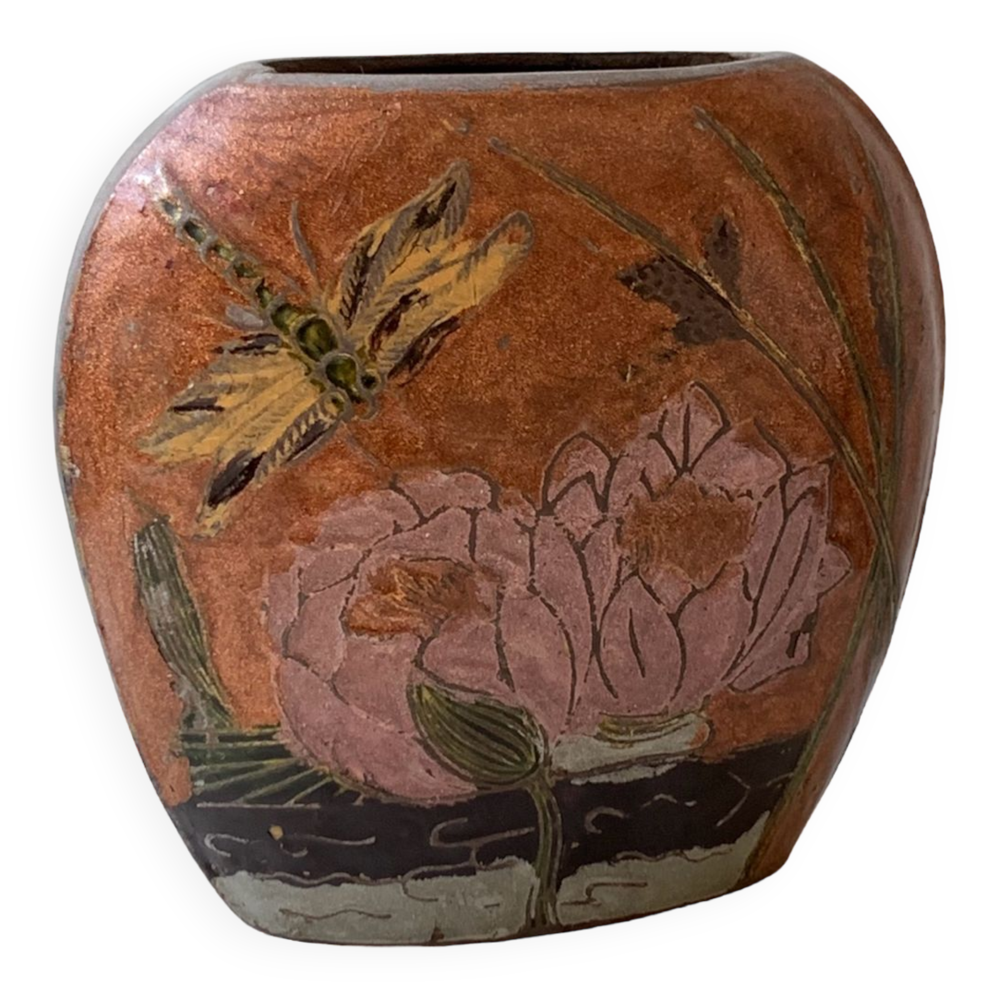 Old cloisonné vase water lilies vintage dragonflies
