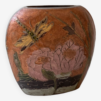 Ancien vase cloisonné nénuphars libellules vintage