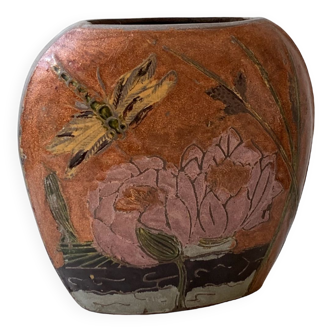 Ancien vase cloisonné nénuphars libellules vintage