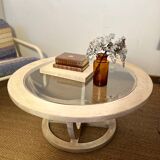 Oval patinated wood and beveled glass coffee table