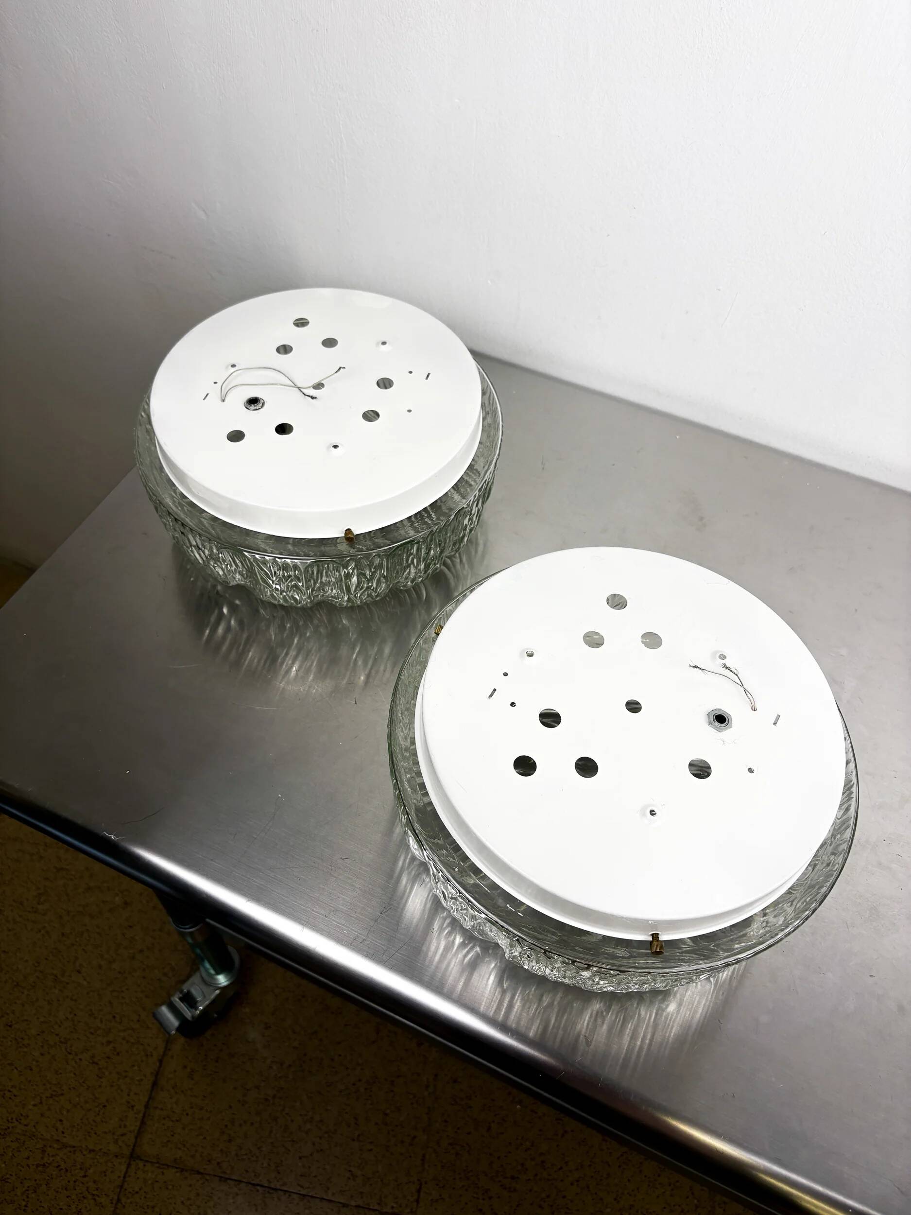 Pair of frozen glass round sconces, Germany, 1960s