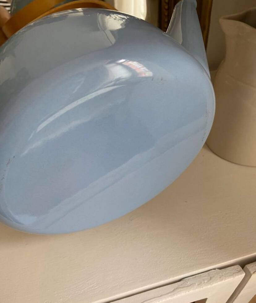 Vintage blue enamelled tin teapot with wooden handle