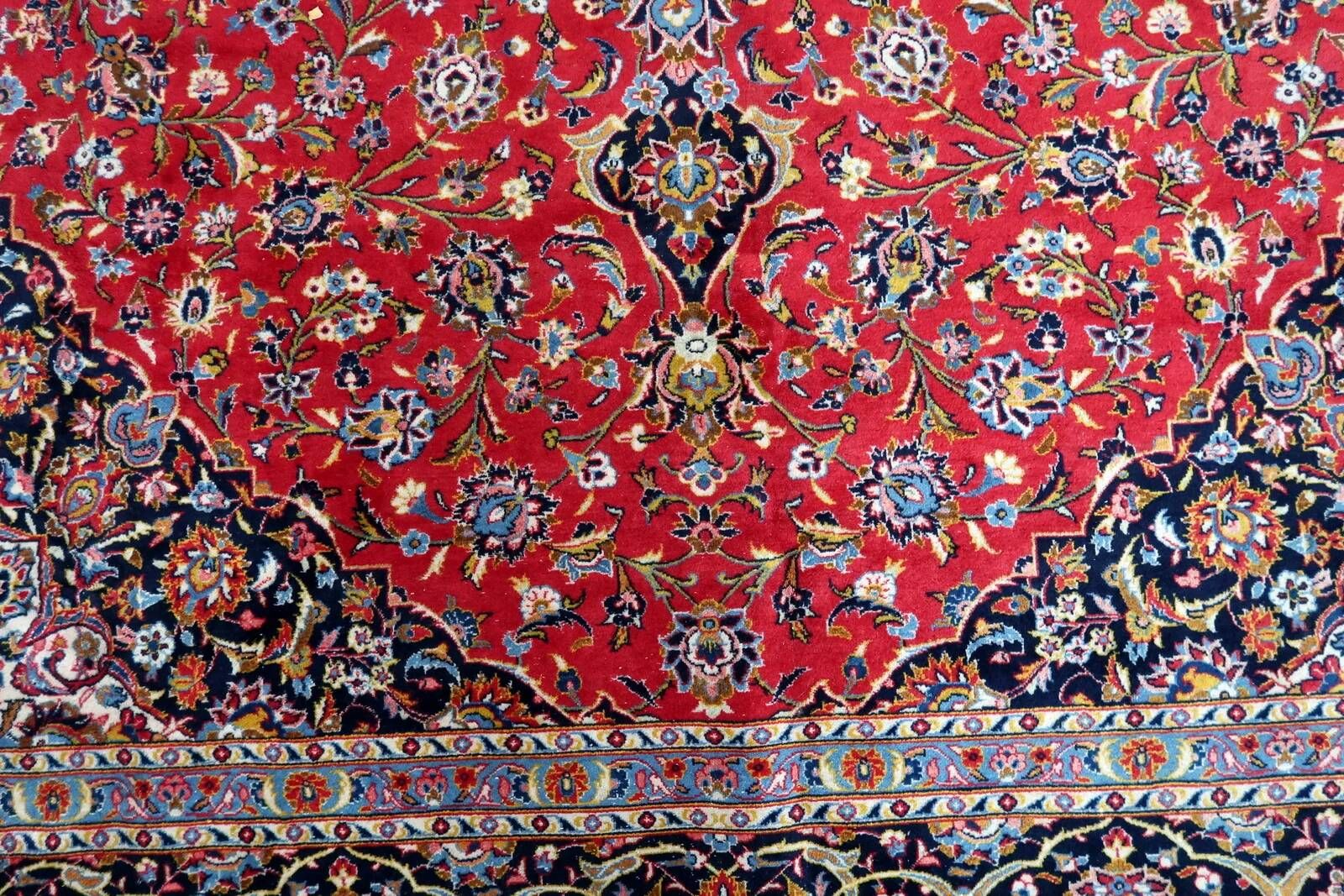 1920s handmade antique wool medallion rug, red & navy, 298 × 411 cm - 1C1302