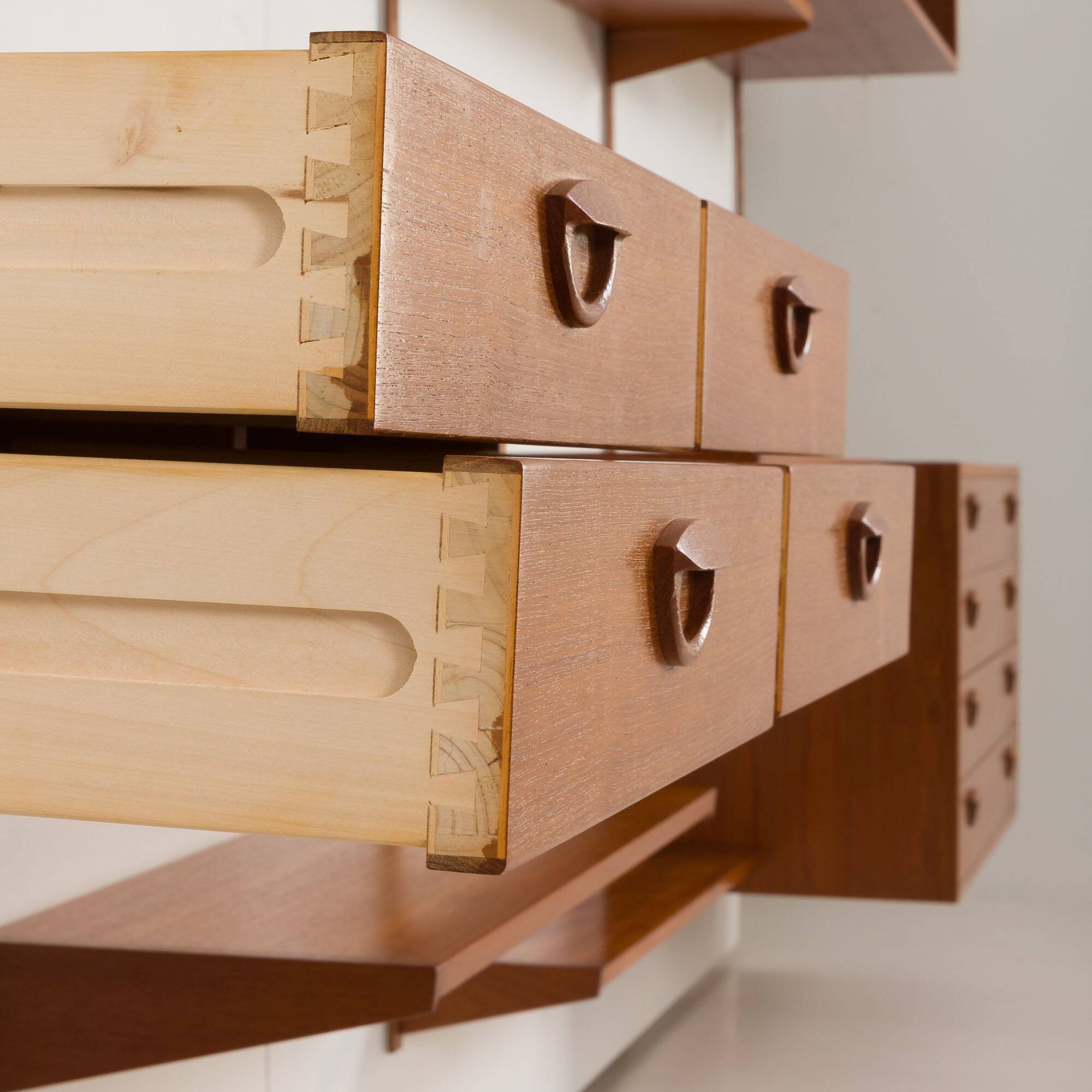 Kai Kristiansen four bay teak wall unit with a dresser, FM Mobler, Denmark