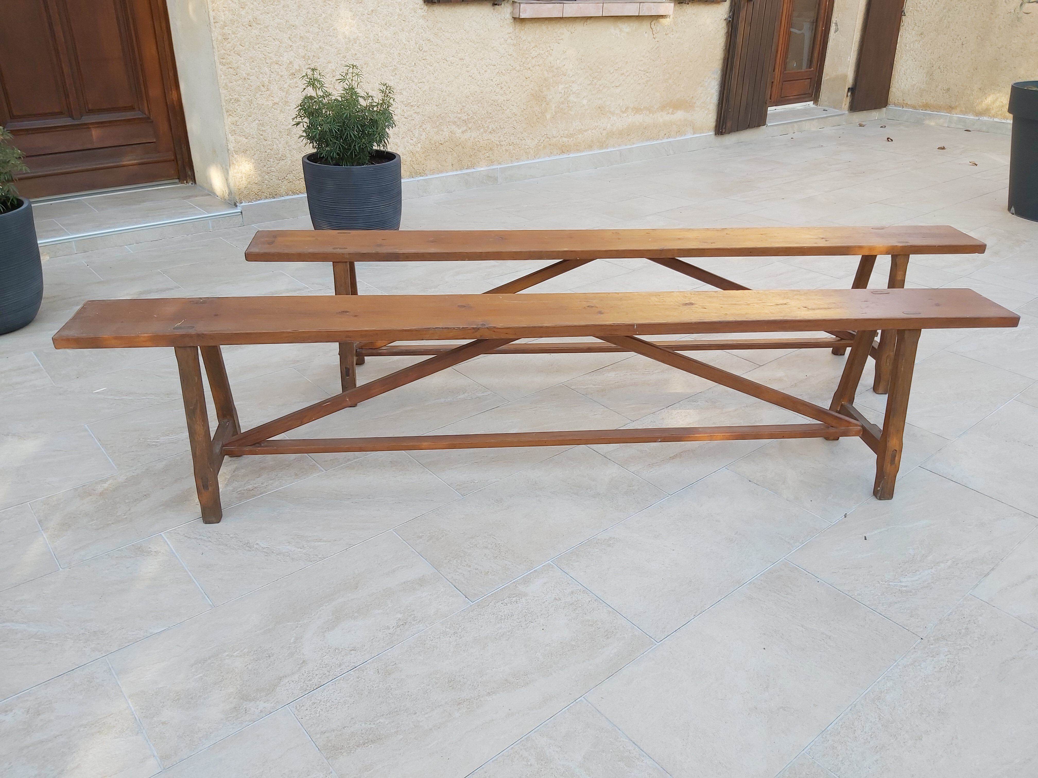 Former pair of pine benches 2m10