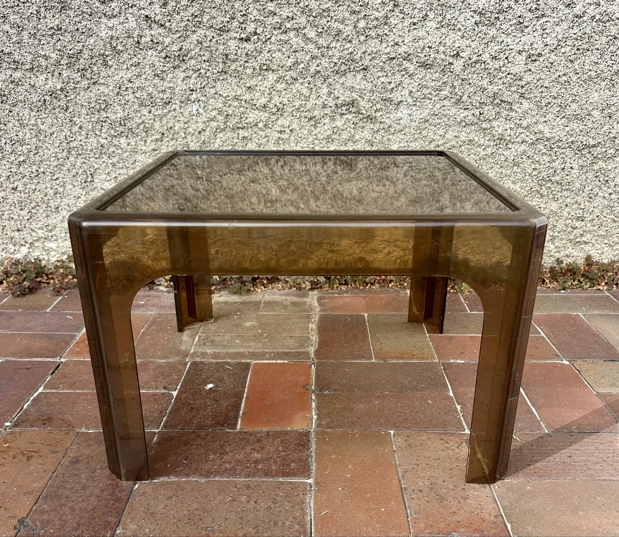 1970s occasional coffee table in smoked Plexiglas by Prisunic