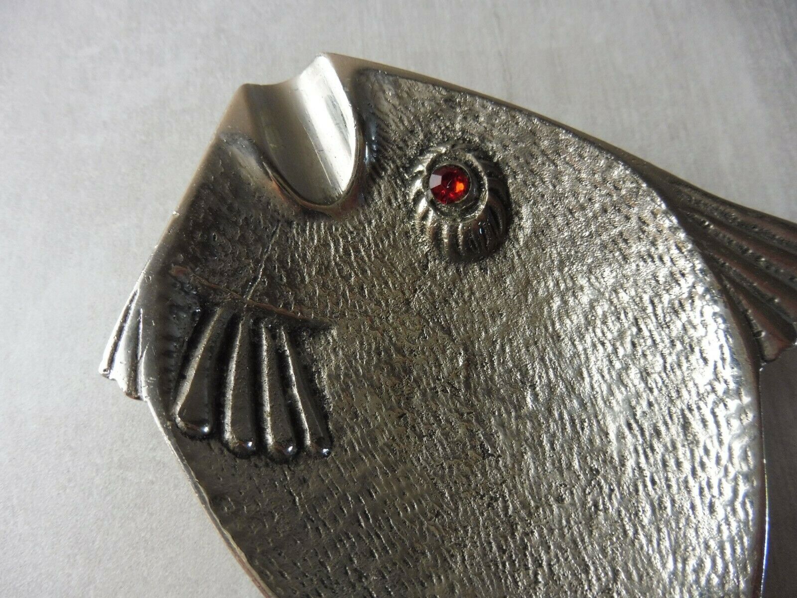 Old ashtray in silver metal, fish shape, vintage