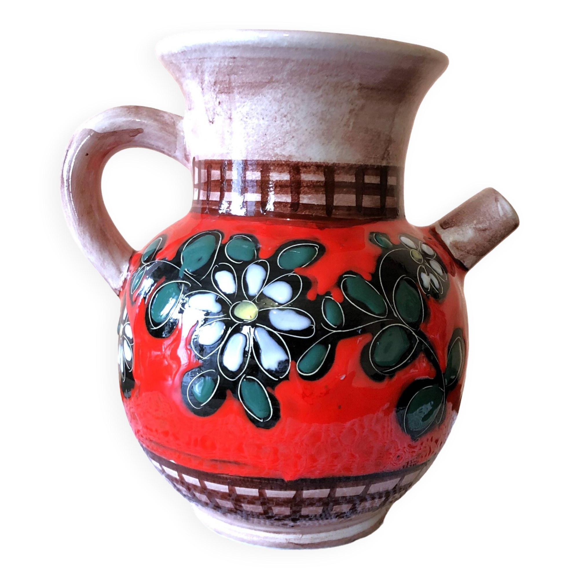 Carafe, jug, chevrette, artisanal, ceramic with floral decoration