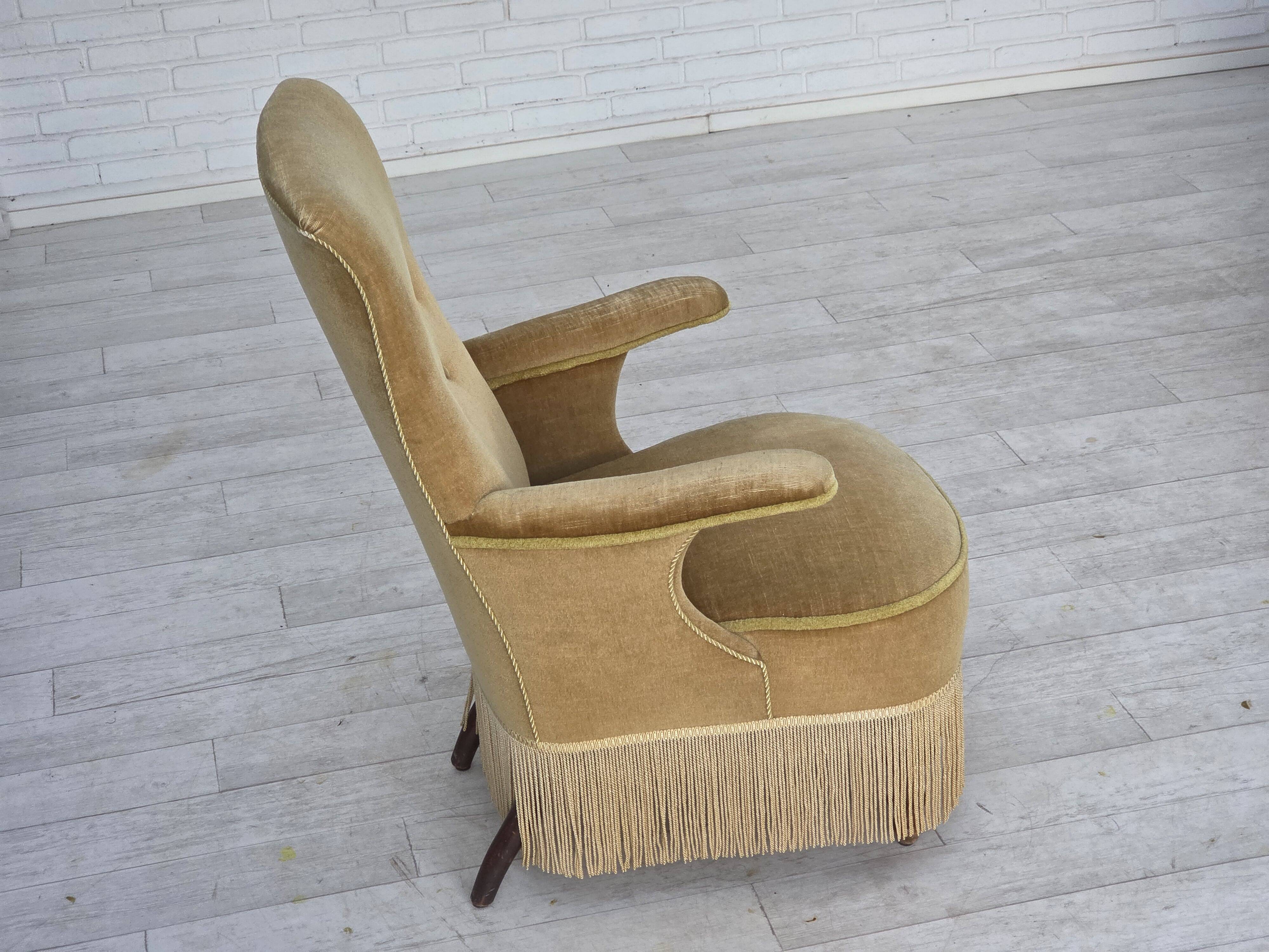 1950s, Danish armchair, furniture velour, ash wood legs.