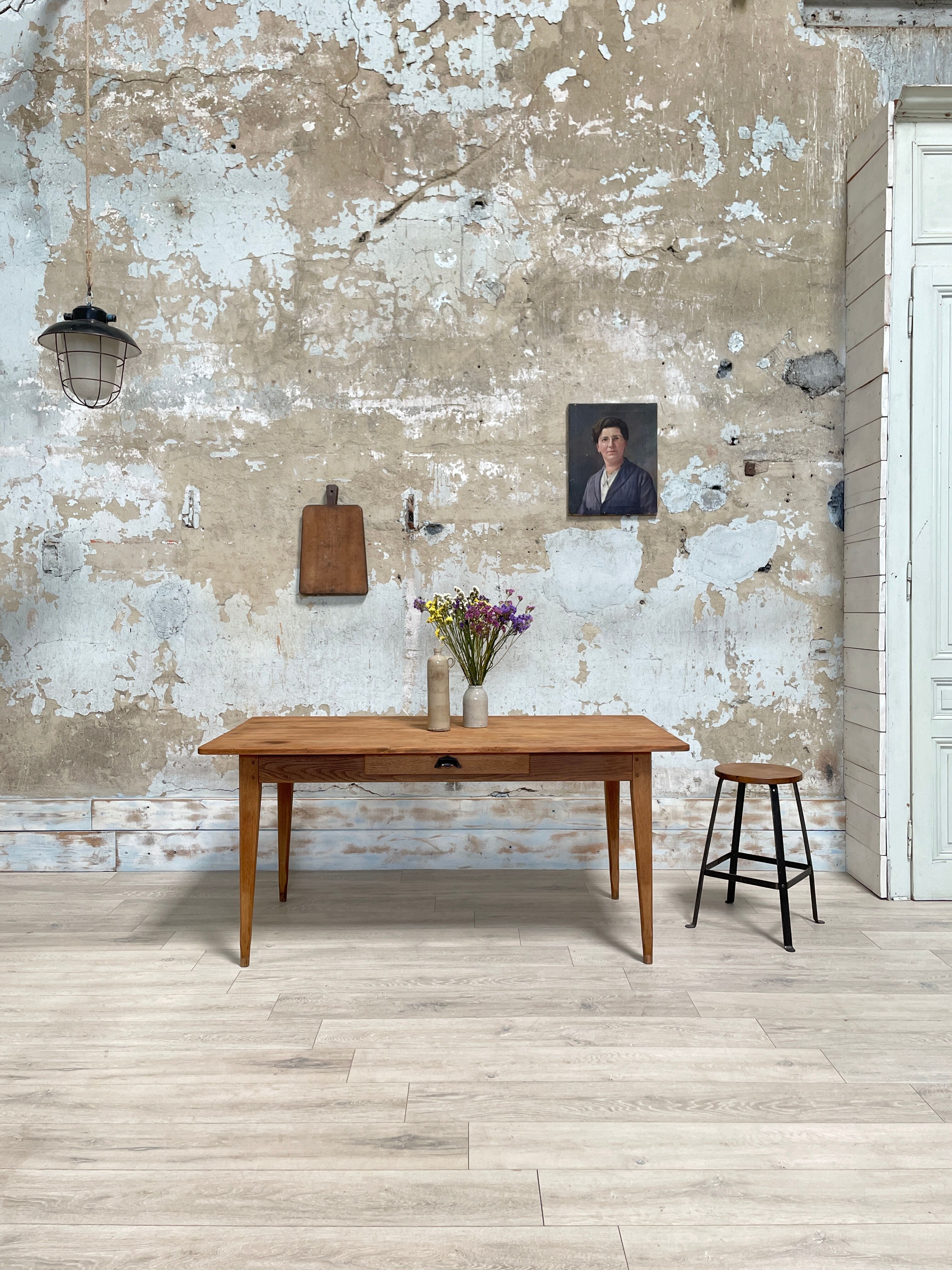 Vintage farmhouse table with spindle legs.
