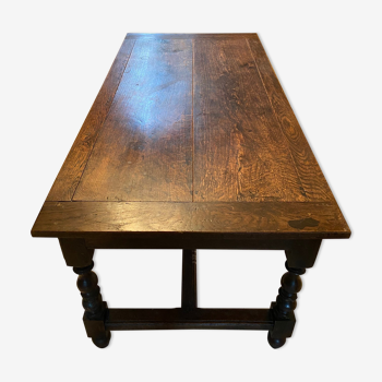 Old farmhouse table 19th in solid oak with large drawer turned wood