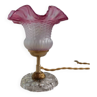 White frosted tulip glass table lamp, purple frills, retro chic