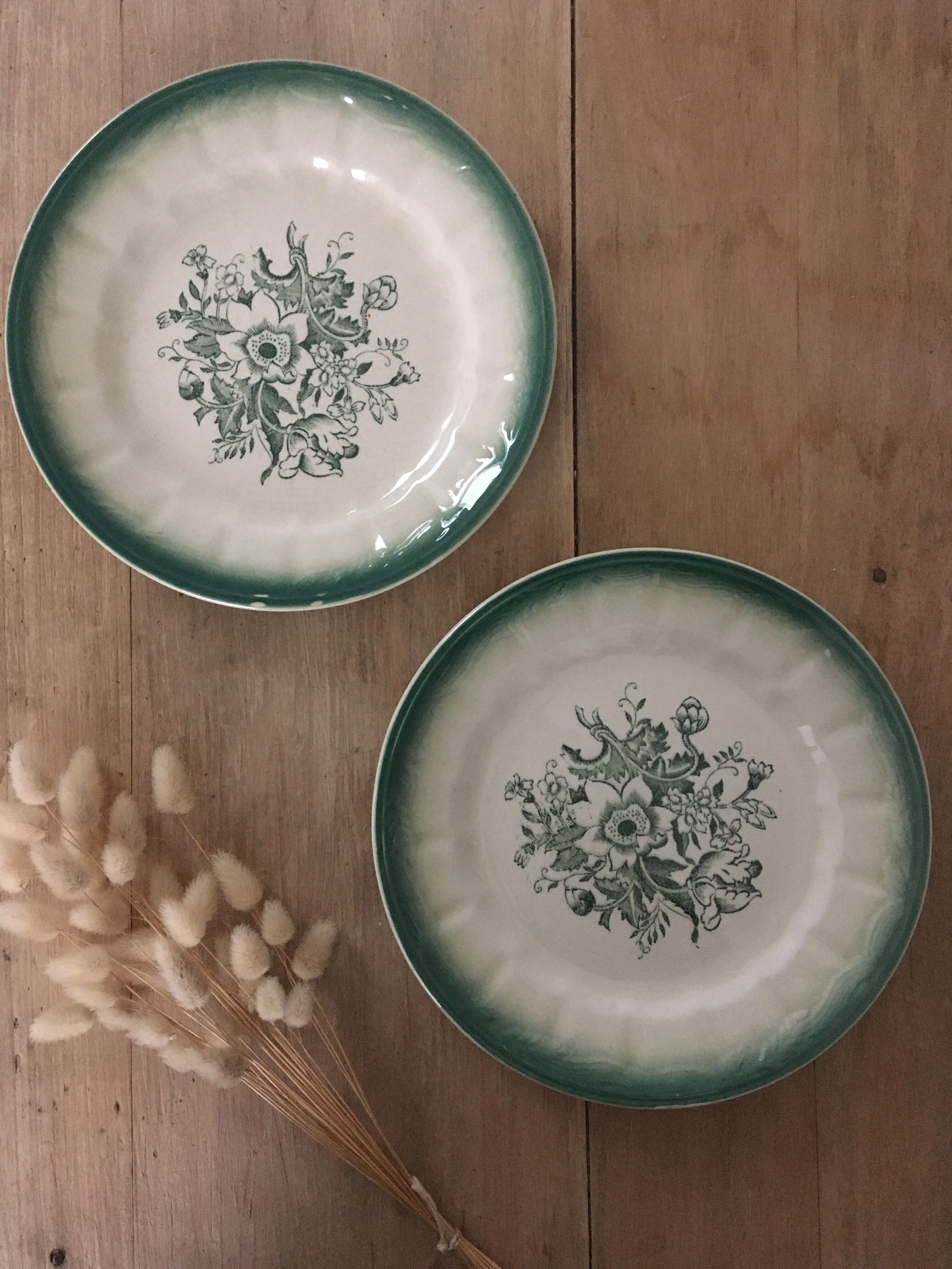 Pair of green floral plates