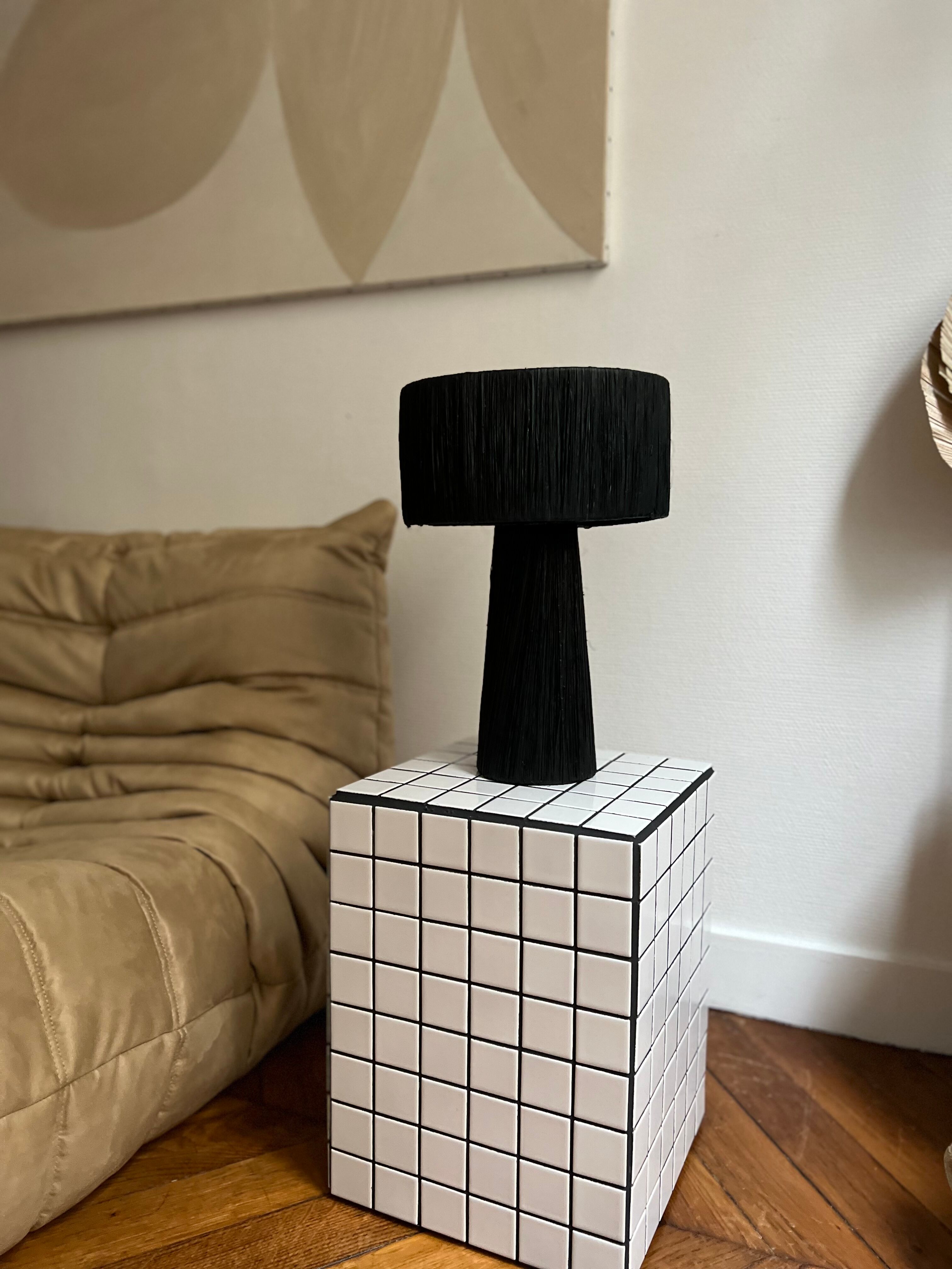 Minimalist black raffia bedside lamp