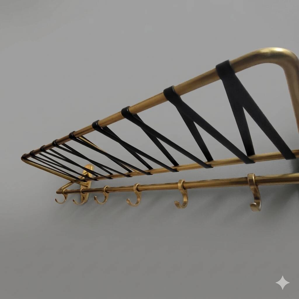 Coat rack, vintage 1950s-60s golden aluminium hats.