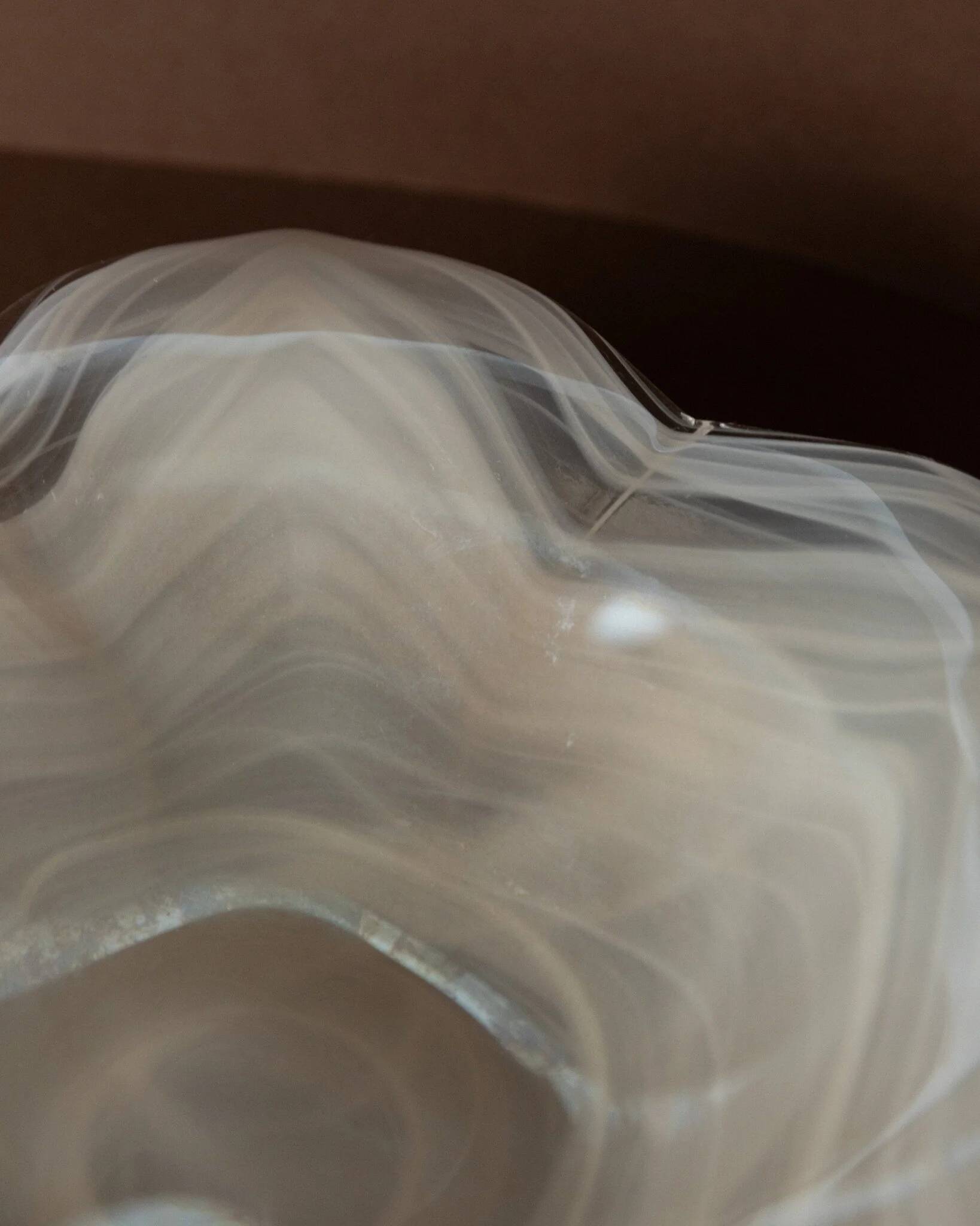 Vintage Murano glass bowl, flower-shaped centerpiece with transparent glass and white streaks, Italian 1980s