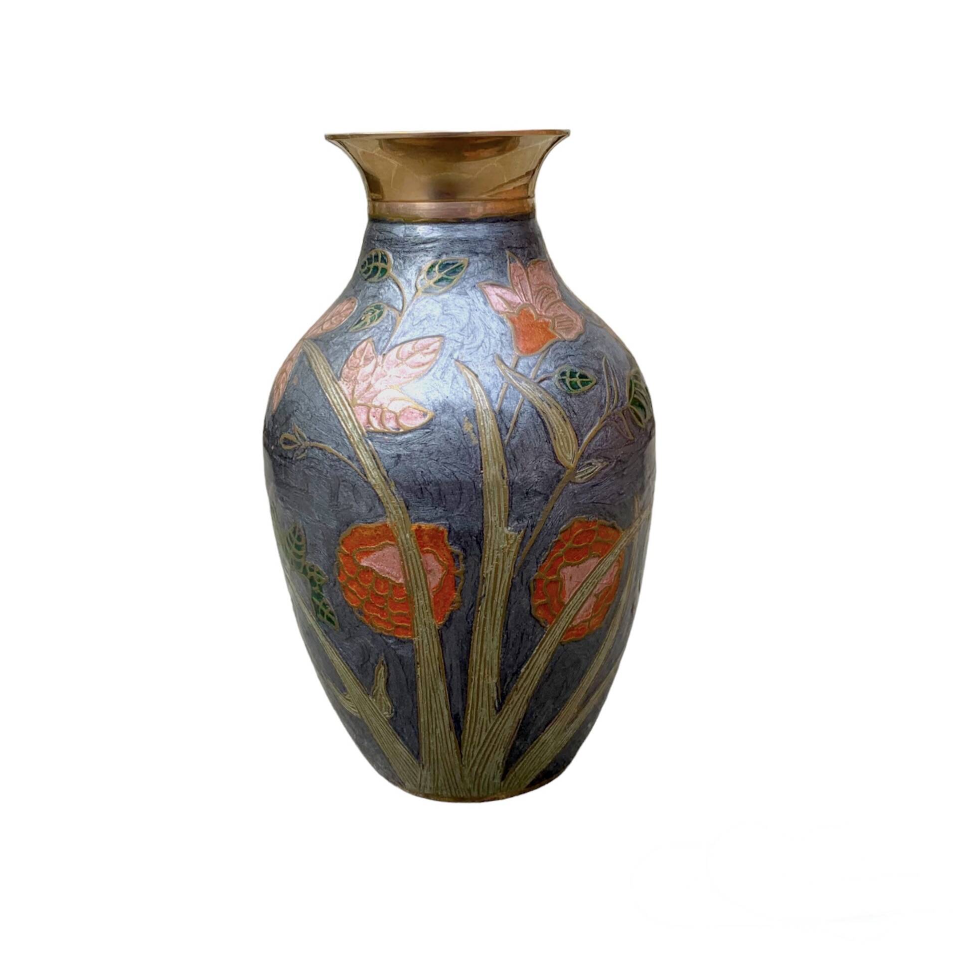 Vintage brass vase with cloisonné enamel floral decoration