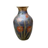 Vintage brass vase with cloisonné enamel floral decoration