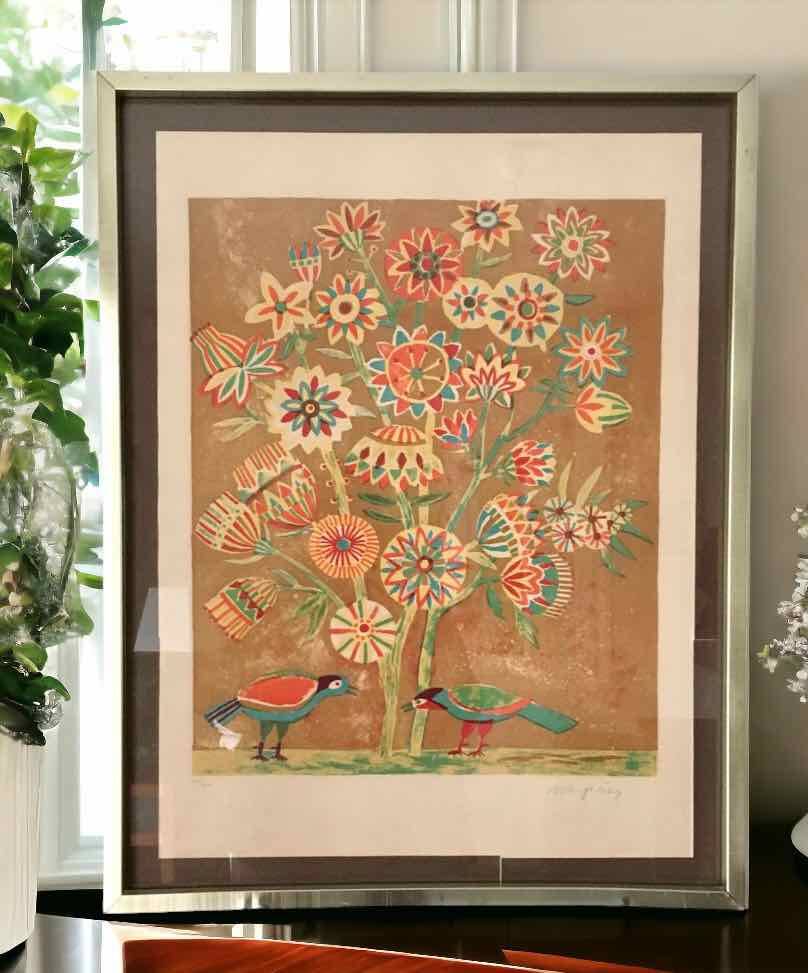 Lithograph signed Jacques Margerin The tree with flowers and birds 1960-70