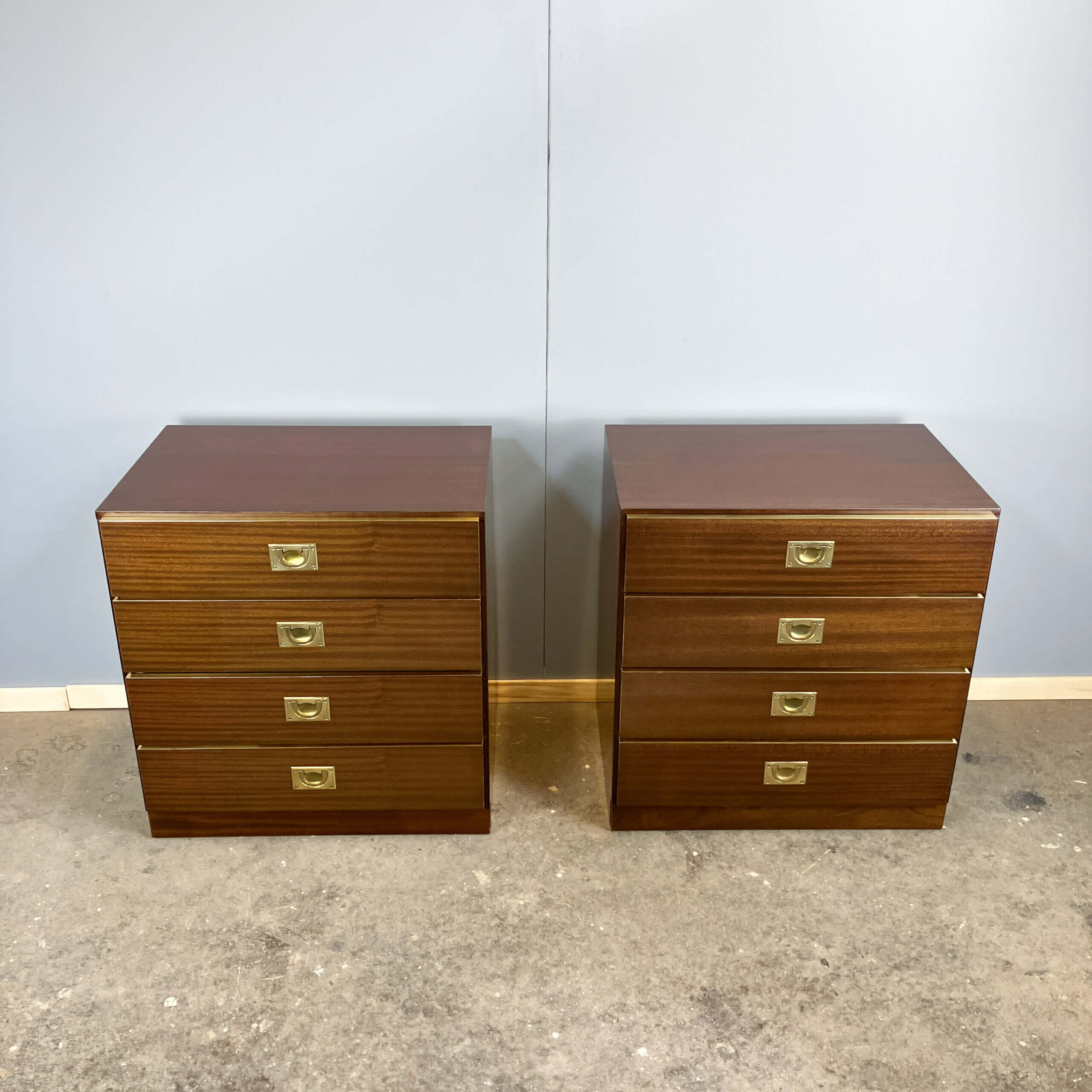 2 bedside tables/small chests of drawers in Campaign style, 1970s