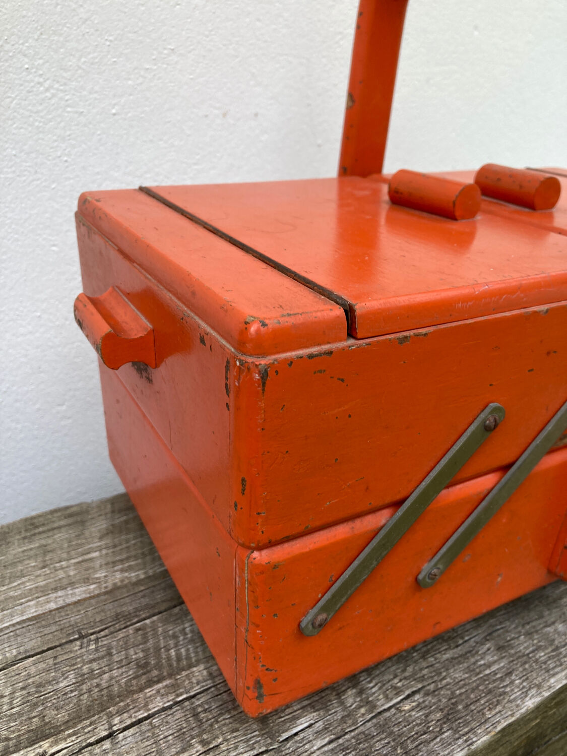 Orange wooden sewing box 1960 1970