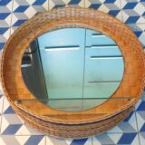 Vintage rattan wall mirror with glass shelf