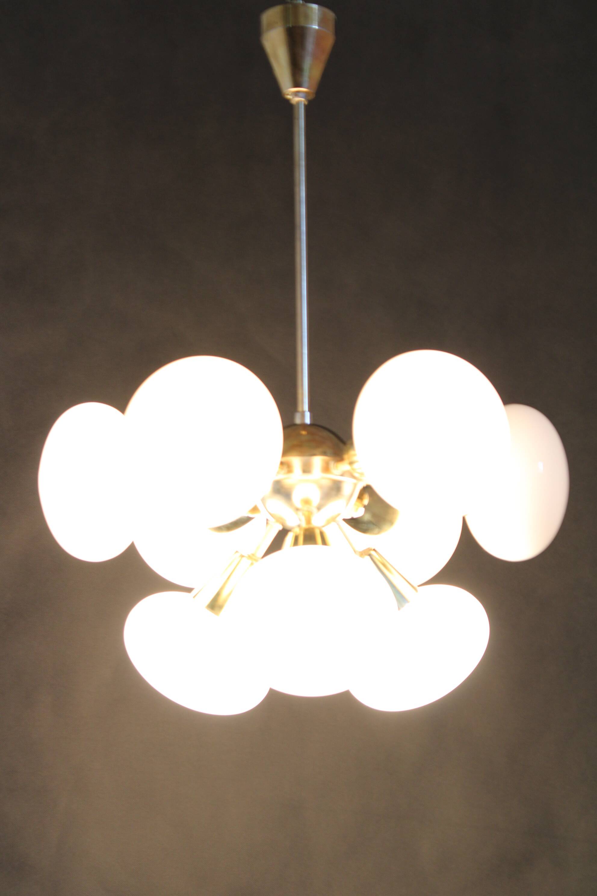 1970s Brass 9-Flamming Chandelier by Sputnik , Czechoslovakia