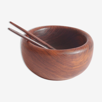 Solid teak wooden bowl and salad spoons, 1960