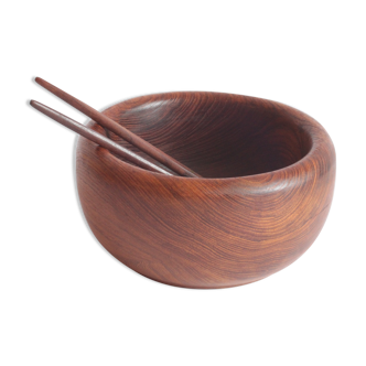 Solid teak wooden bowl and salad spoons, 1960
